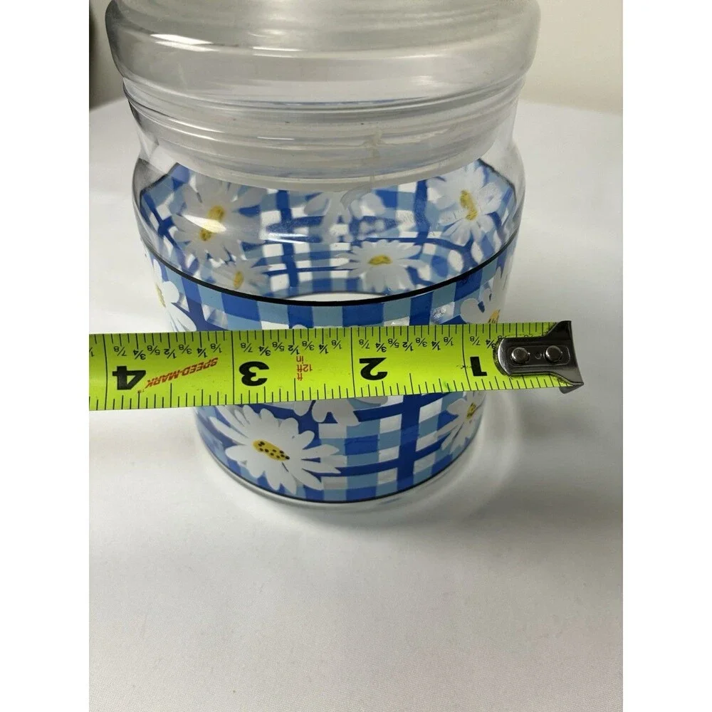 Vintage 70s Style Storage Jar Daisies With Blue Plaid 7” Tall Cottagecore
